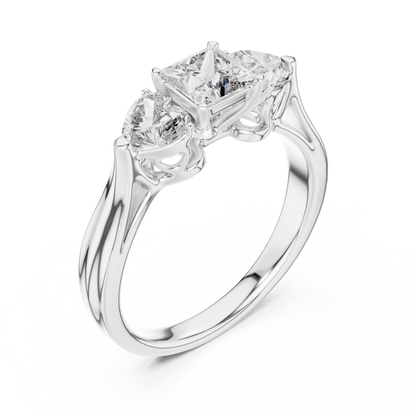 Princess Cut and Heart Diamond Three-Stone Ring | Romantic Cathedral Setting | Solid Gold