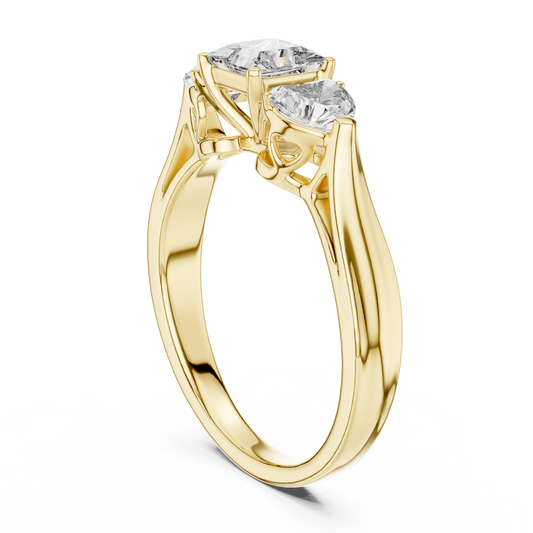 Princess Cut and Heart Diamond Three-Stone Ring | Romantic Cathedral Setting | Solid Gold