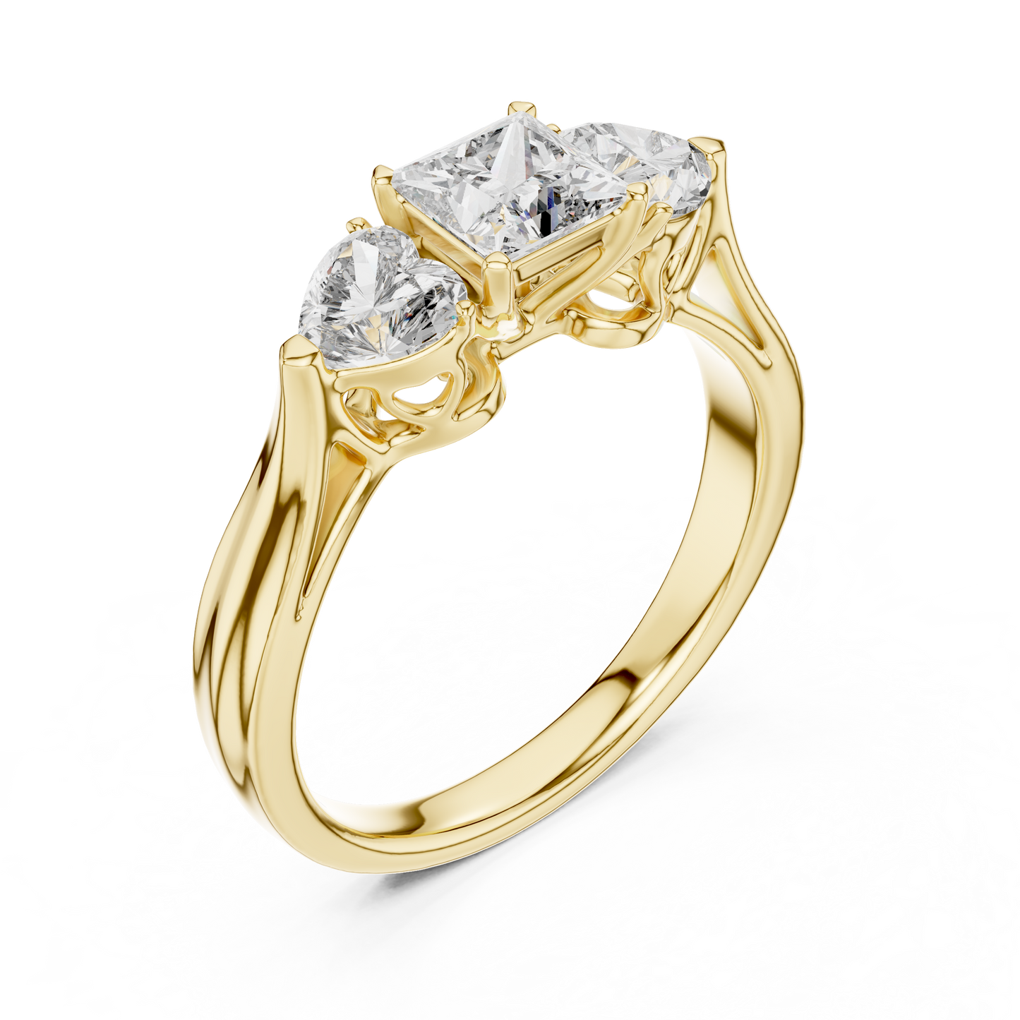 Princess Cut and Heart Diamond Three-Stone Ring | Romantic Cathedral Setting | Solid Gold