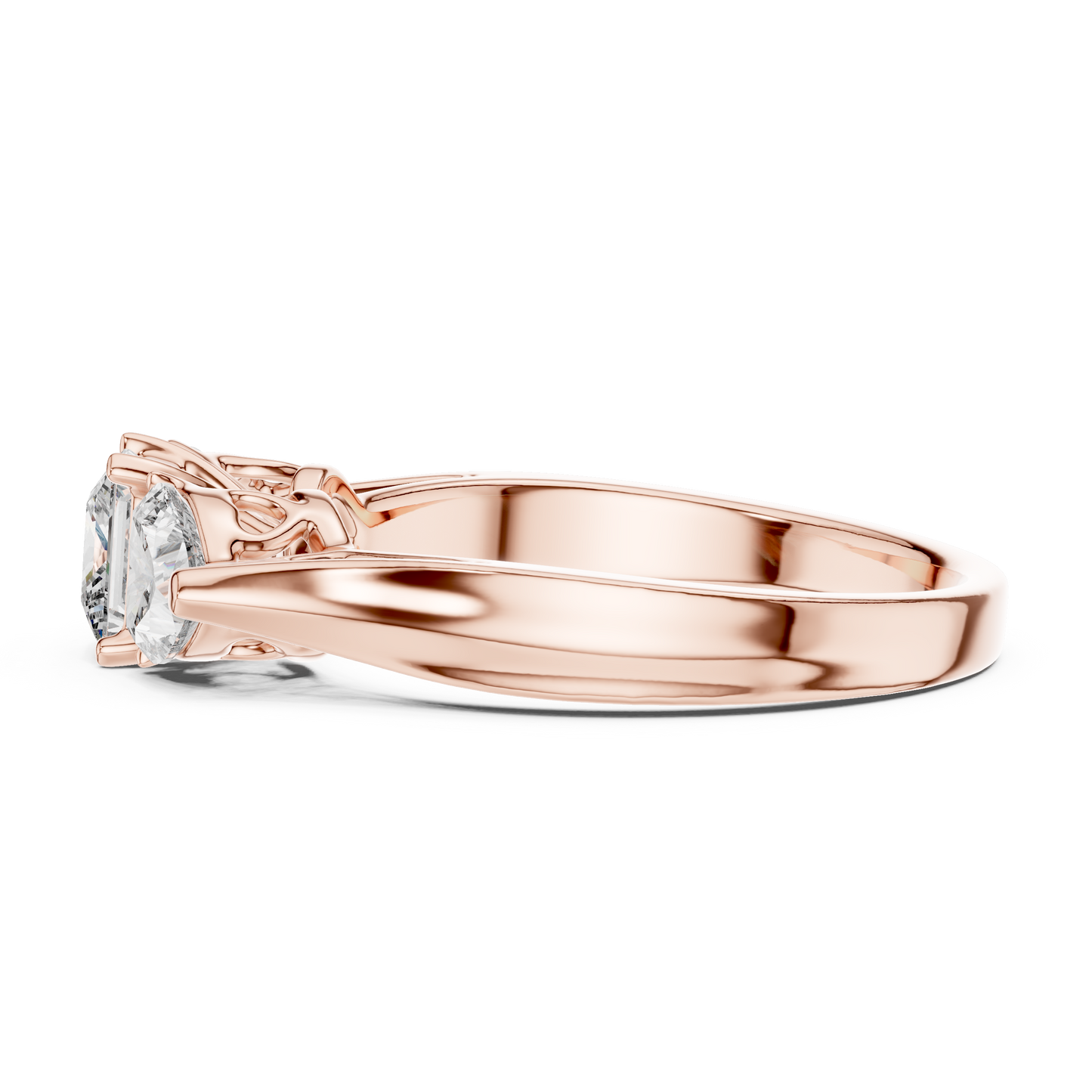 Princess Cut and Heart Diamond Three-Stone Ring | Romantic Cathedral Setting | Solid Gold