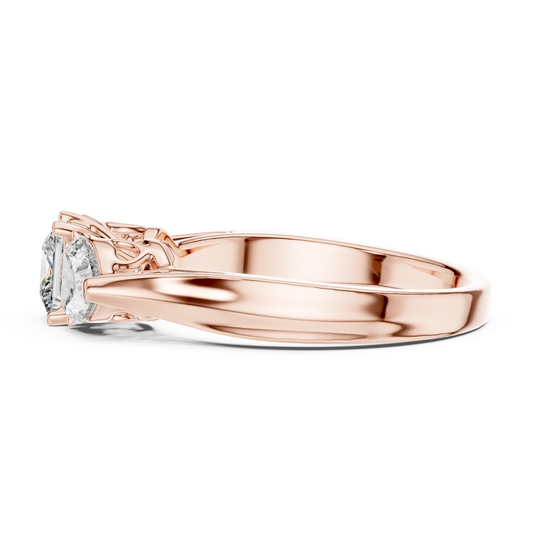 Princess Cut and Heart Diamond Three-Stone Ring | Romantic Cathedral Setting | Solid Gold