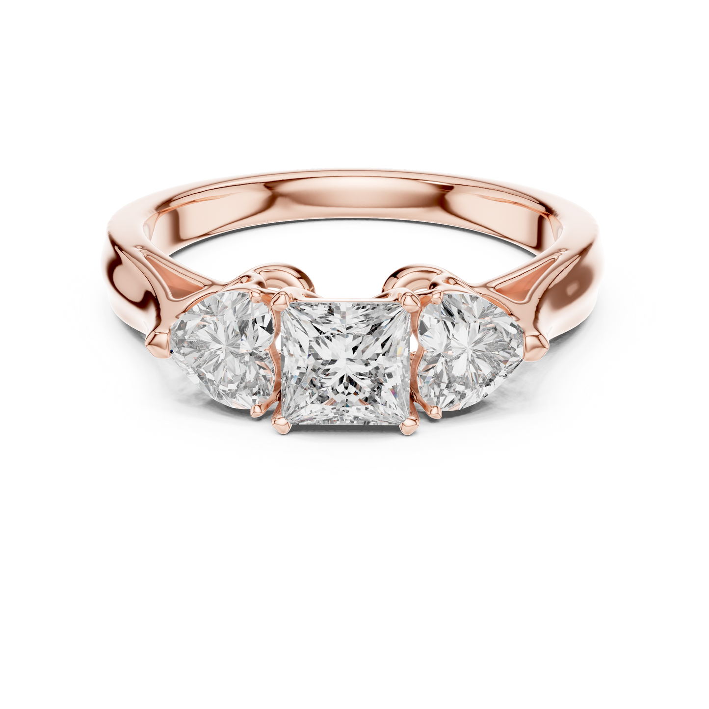 Princess Cut and Heart Diamond Three-Stone Ring | Romantic Cathedral Setting | Solid Gold