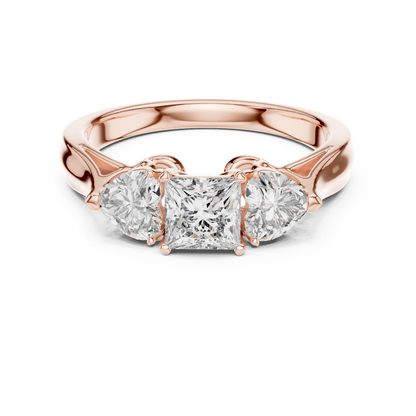 Princess Cut and Heart Diamond Three-Stone Ring | Romantic Cathedral Setting | Solid Gold