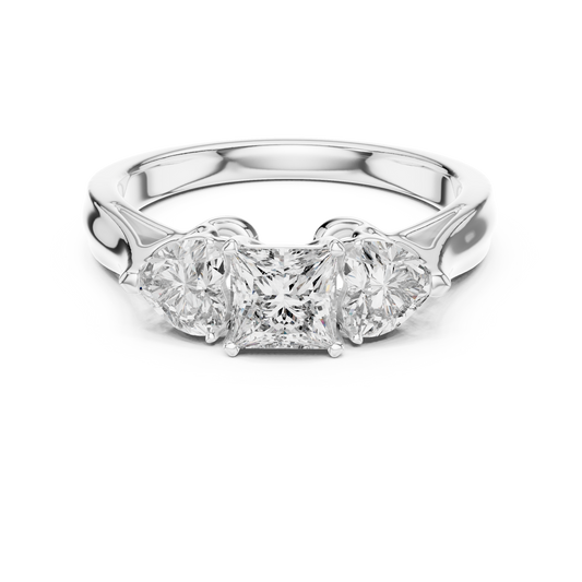 Princess Cut and Heart Diamond Three-Stone Ring | Romantic Cathedral Setting | Solid Gold