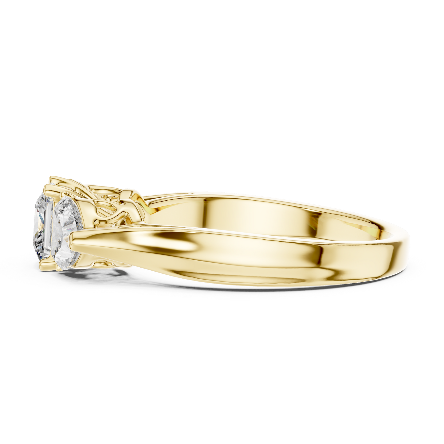 Princess Cut and Heart Diamond Three-Stone Ring | Romantic Cathedral Setting | Solid Gold