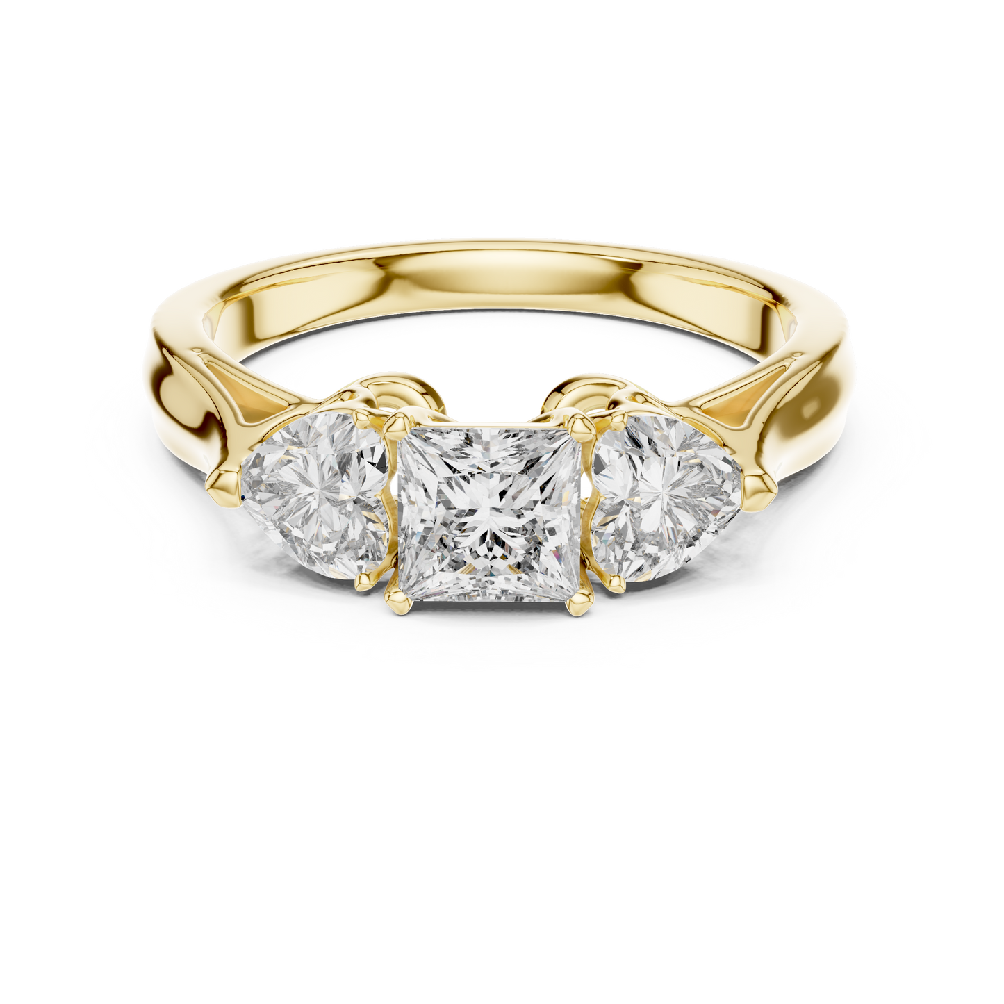 Princess Cut and Heart Diamond Three-Stone Ring | Romantic Cathedral Setting | Solid Gold