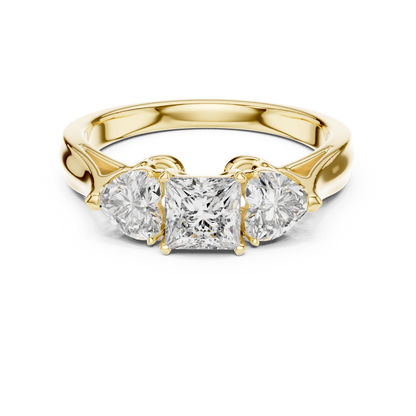 Princess Cut and Heart Diamond Three-Stone Ring | Romantic Cathedral Setting | Solid Gold