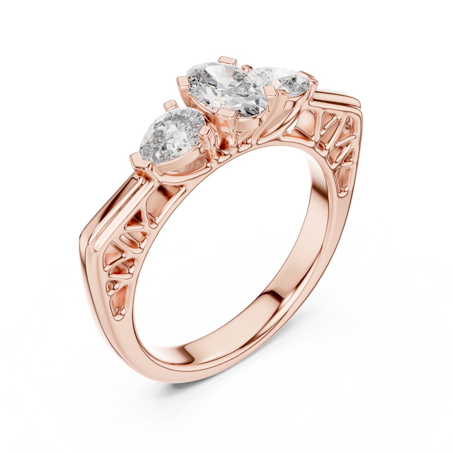 Oval and Pear Lab Grown Diamond Three-Stone Ring | Architectural Cathedral Setting | Solid Gold