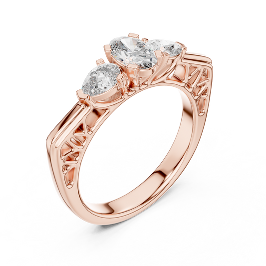 Oval and Pear Lab Grown Diamond Three-Stone Ring | Architectural Cathedral Setting | Solid Gold