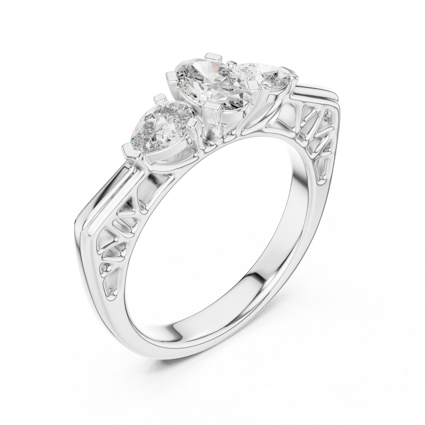 Oval and Pear Lab Grown Diamond Three-Stone Ring | Architectural Cathedral Setting | Solid Gold