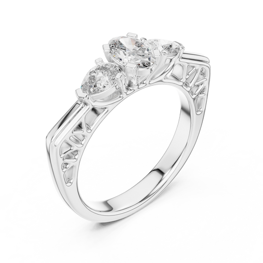 Oval and Pear Lab Grown Diamond Three-Stone Ring | Architectural Cathedral Setting | Solid Gold