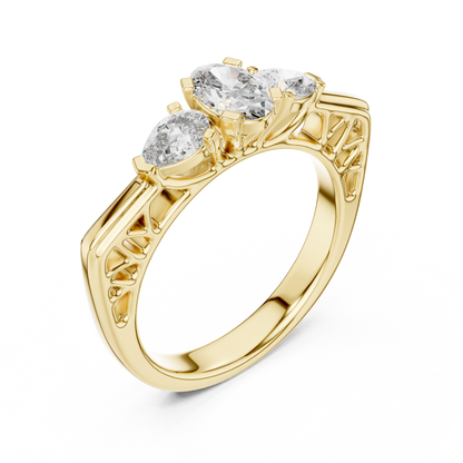 Oval and Pear Lab Grown Diamond Three-Stone Ring | Architectural Cathedral Setting | Solid Gold