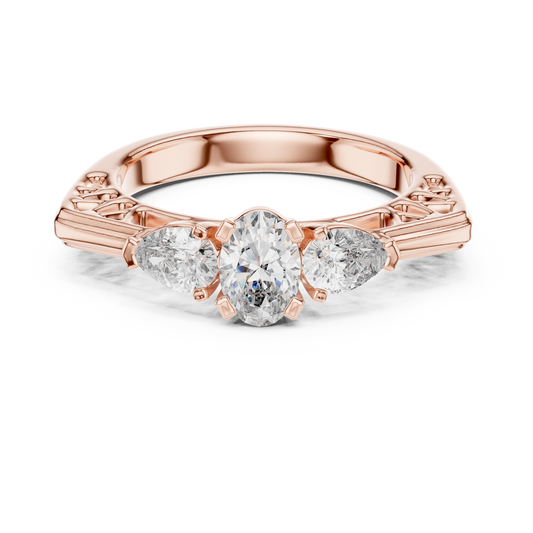 Oval and Pear Lab Grown Diamond Three-Stone Ring | Architectural Cathedral Setting | Solid Gold
