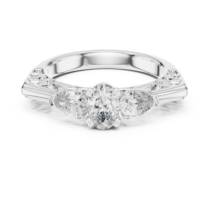 Oval and Pear Lab Grown Diamond Three-Stone Ring | Architectural Cathedral Setting | Solid Gold