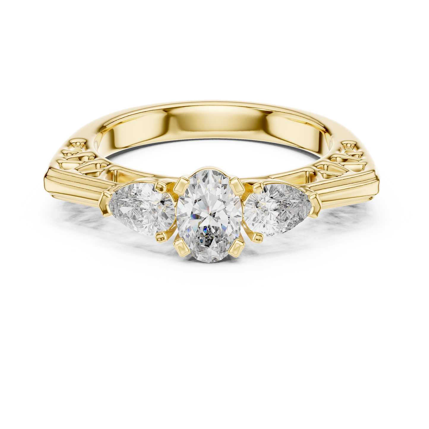 Oval and Pear Lab Grown Diamond Three-Stone Ring | Architectural Cathedral Setting | Solid Gold