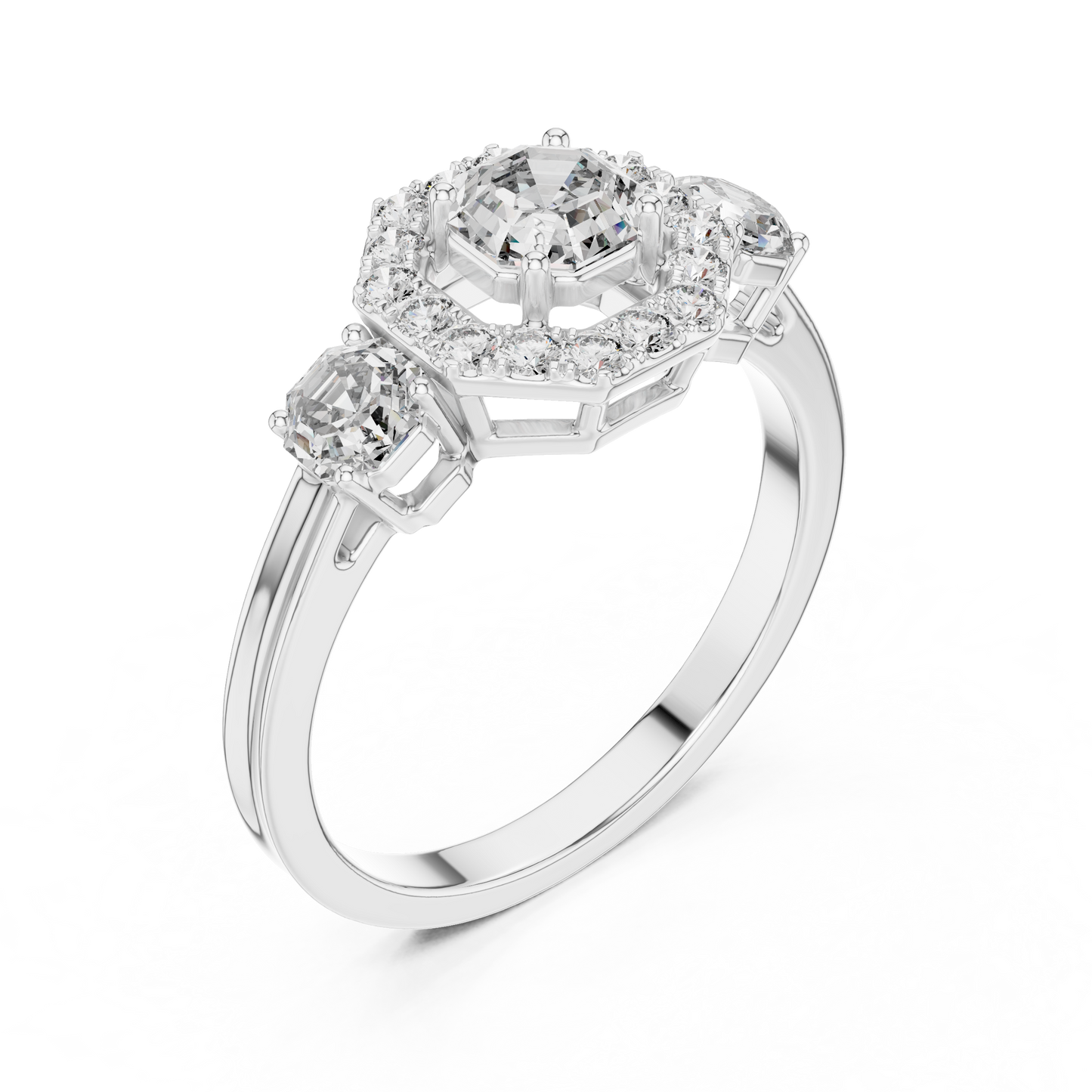 Octagon Halo Lab Grown Diamond Three-Stone Ring | Vintage-Inspired Cathedral Band | Solid Gold