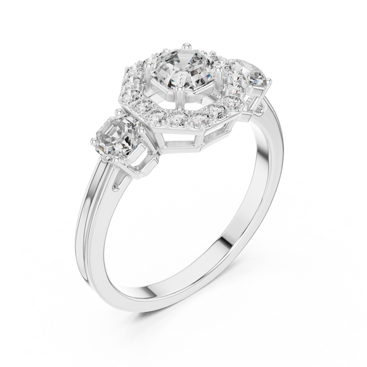 Octagon Halo Lab Grown Diamond Three-Stone Ring | Vintage-Inspired Cathedral Band | Solid Gold