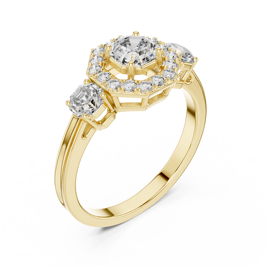 Octagon Halo Lab Grown Diamond Three-Stone Ring | Vintage-Inspired Cathedral Band | Solid Gold