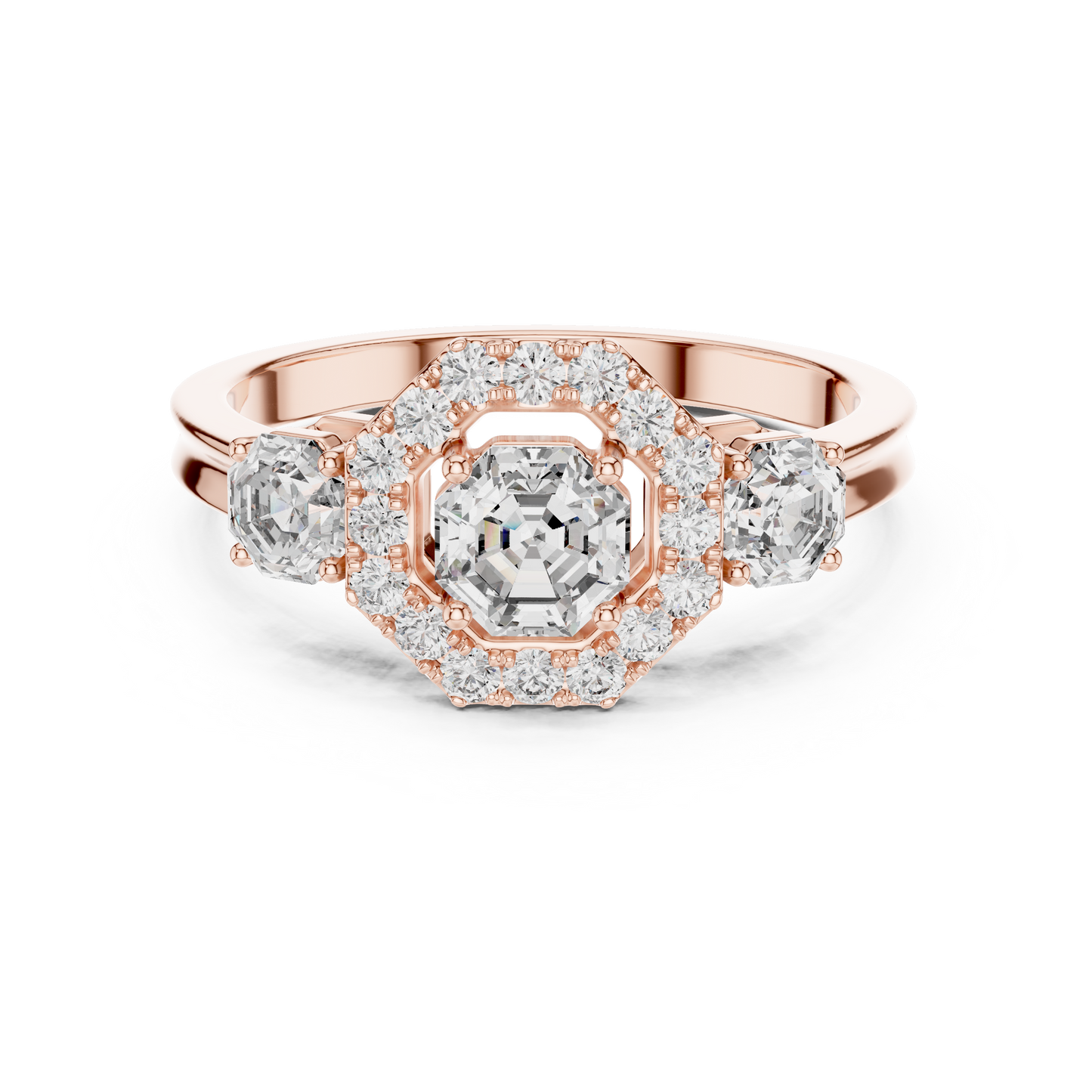 Octagon Halo Lab Grown Diamond Three-Stone Ring | Vintage-Inspired Cathedral Band | Solid Gold