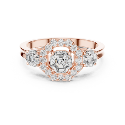 Octagon Halo Lab Grown Diamond Three-Stone Ring | Vintage-Inspired Cathedral Band | Solid Gold