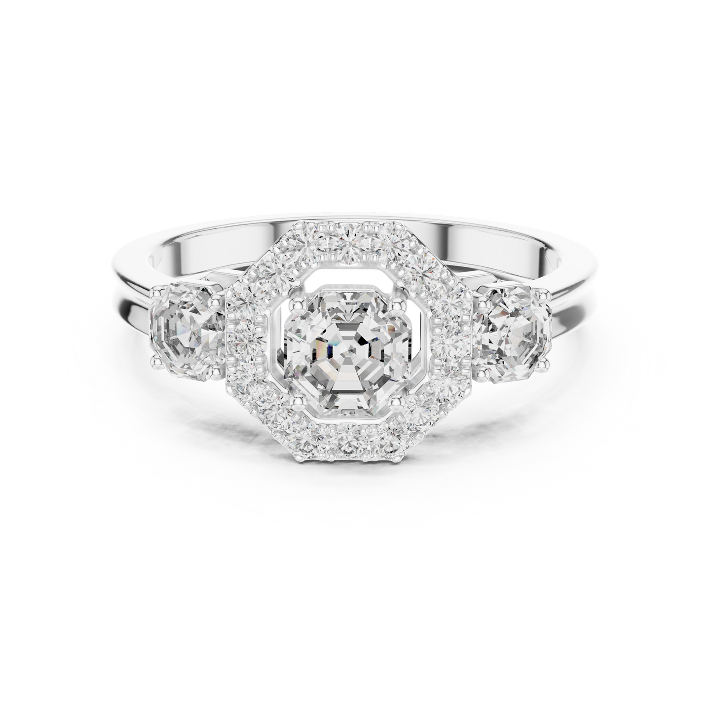 Octagon Halo Lab Grown Diamond Three-Stone Ring | Vintage-Inspired Cathedral Band | Solid Gold