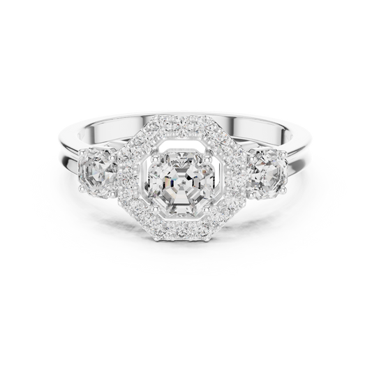 Octagon Halo Lab Grown Diamond Three-Stone Ring | Vintage-Inspired Cathedral Band | Solid Gold