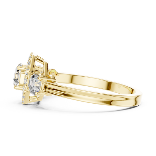 Octagon Halo Lab Grown Diamond Three-Stone Ring | Vintage-Inspired Cathedral Band | Solid Gold