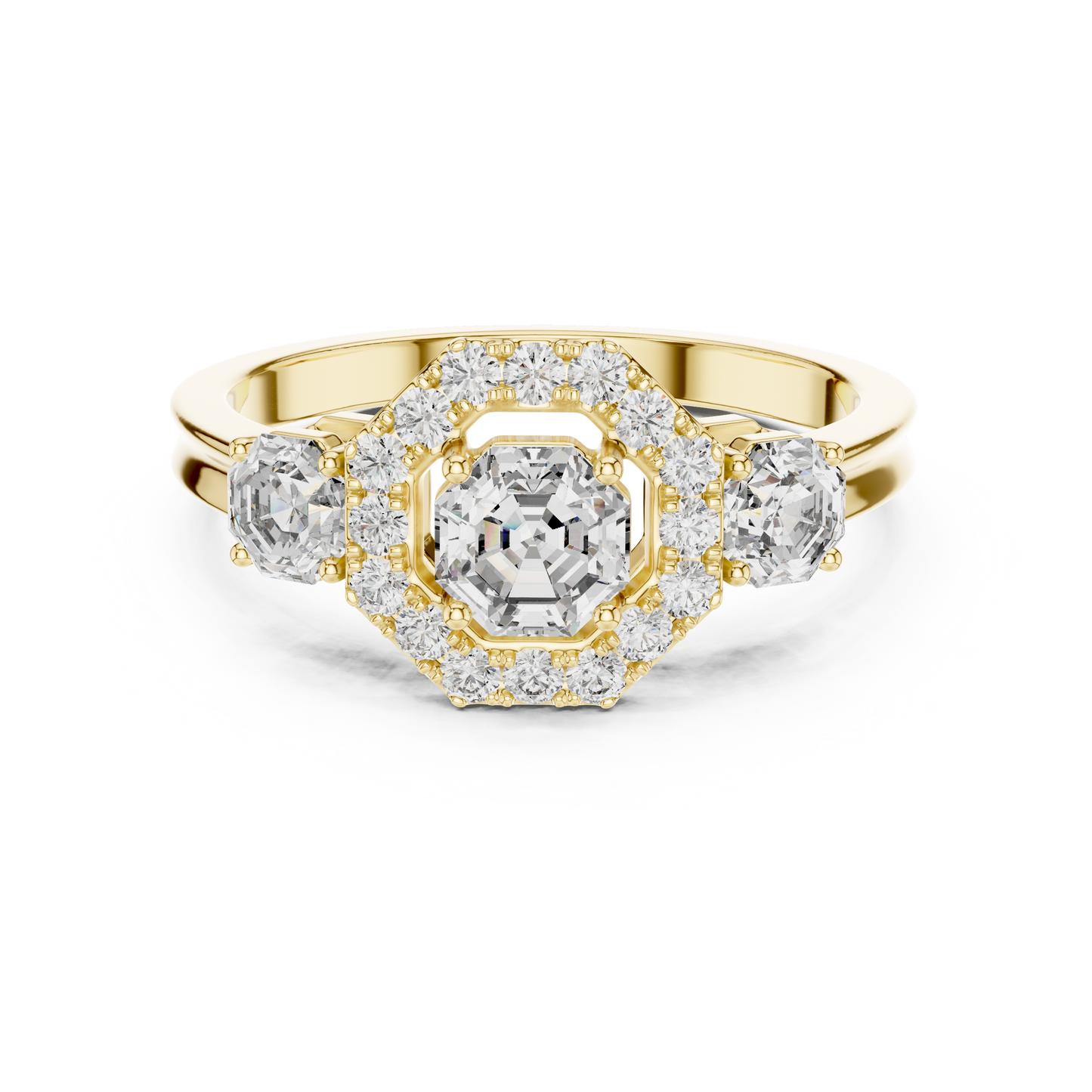 Octagon Halo Lab Grown Diamond Three-Stone Ring | Vintage-Inspired Cathedral Band | Solid Gold