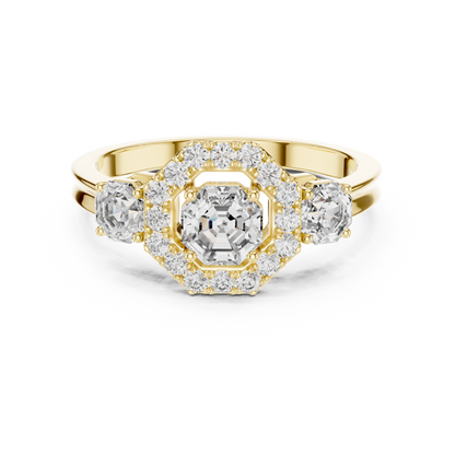 Octagon Halo Lab Grown Diamond Three-Stone Ring | Vintage-Inspired Cathedral Band | Solid Gold