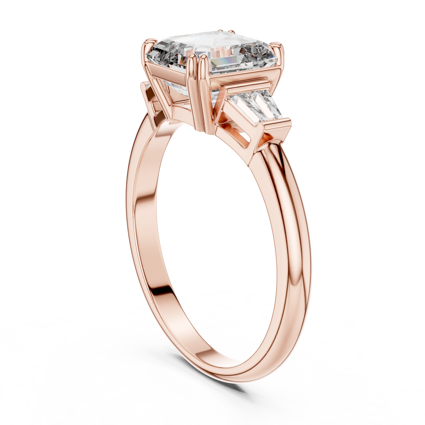 Emerald Cut Lab Grown Diamond Engagement Ring | Tapered Baguette Three-Stone Style | 18K and 14K Gold