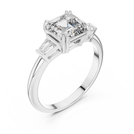 Emerald Cut Lab Grown Diamond Engagement Ring | Tapered Baguette Three-Stone Style | 18K and 14K Gold