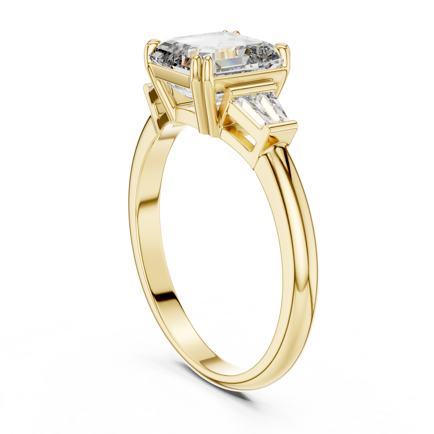 Emerald Cut Lab Grown Diamond Engagement Ring | Tapered Baguette Three-Stone Style | 18K and 14K Gold