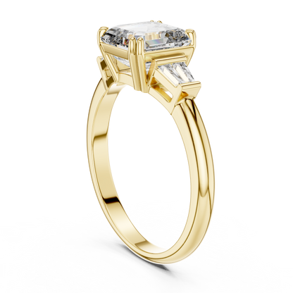Emerald Cut Lab Grown Diamond Engagement Ring | Tapered Baguette Three-Stone Style | 18K and 14K Gold