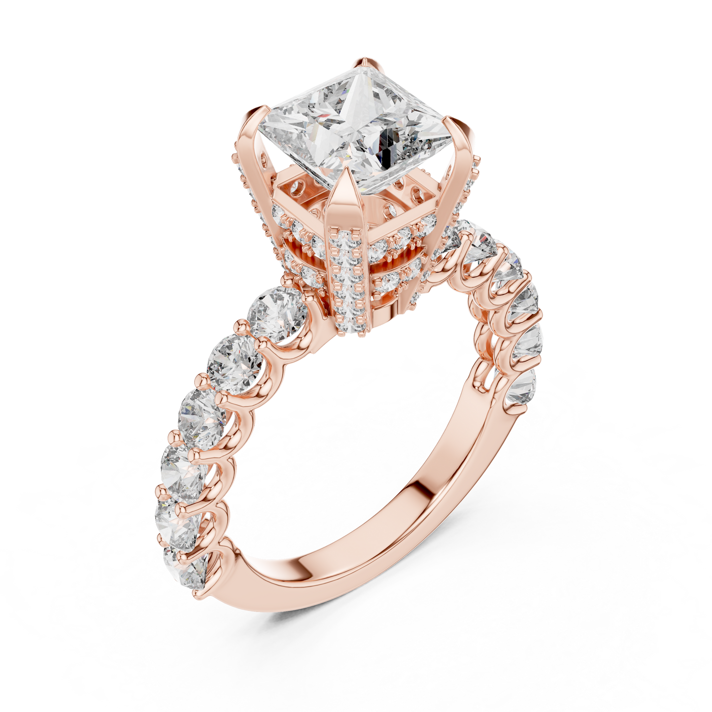 Princess Cut Lab Grown Diamond Engagement Ring | Bubble Pavé Band | 10K, 14K, and 18K Gold