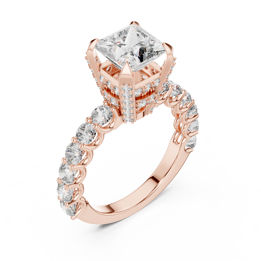 Princess Cut Lab Grown Diamond Engagement Ring | Bubble Pavé Band | 10K, 14K, and 18K Gold