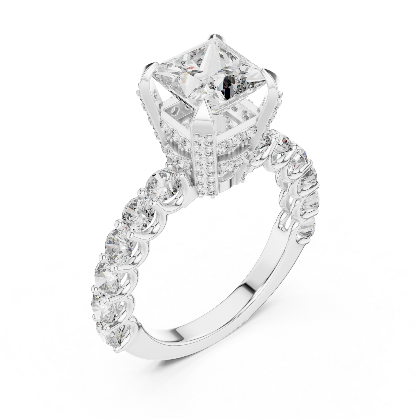 Princess Cut Lab Grown Diamond Engagement Ring | Bubble Pavé Band | 10K, 14K, and 18K Gold