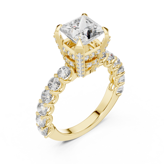Princess Cut Lab Grown Diamond Engagement Ring | Bubble Pavé Band | 10K, 14K, and 18K Gold