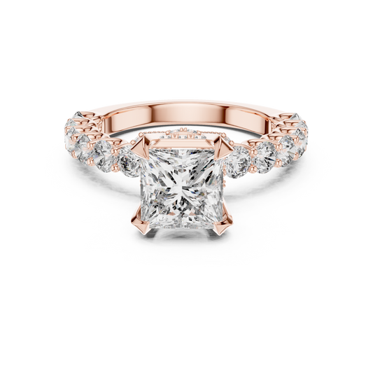 Princess Cut Lab Grown Diamond Engagement Ring | Bubble Pavé Band | 10K, 14K, and 18K Gold