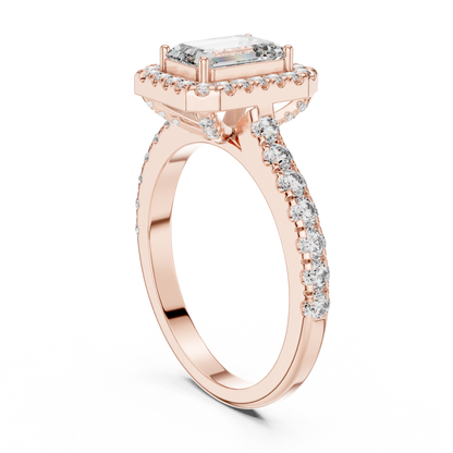 Emerald Cut Lab Grown Diamond Engagement Ring | U-Cut Pavé Halo Style | 10K, 14K, and 18K Gold