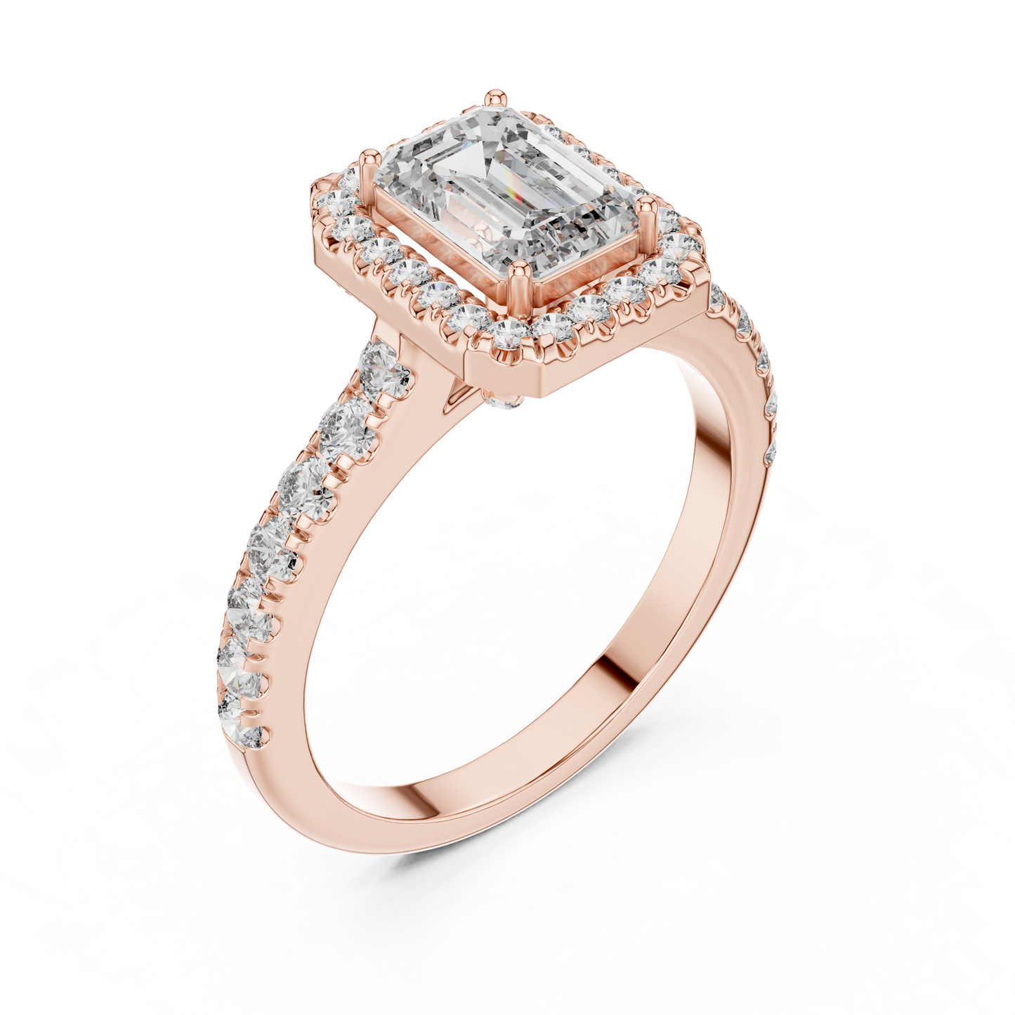Emerald Cut Lab Grown Diamond Engagement Ring | U-Cut Pavé Halo Style | 10K, 14K, and 18K Gold