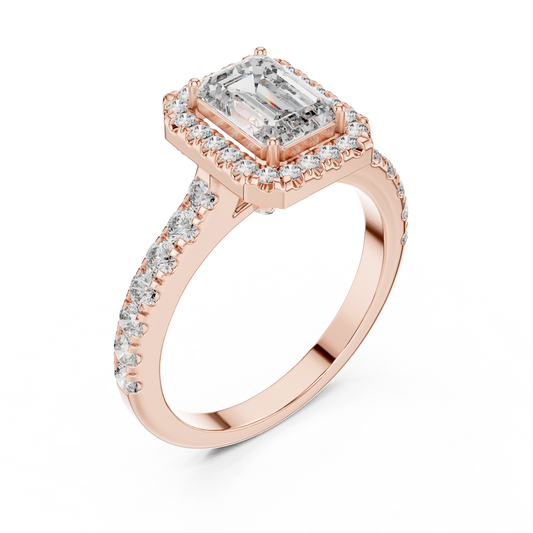 Emerald Cut Lab Grown Diamond Engagement Ring | U-Cut Pavé Halo Style | 10K, 14K, and 18K Gold