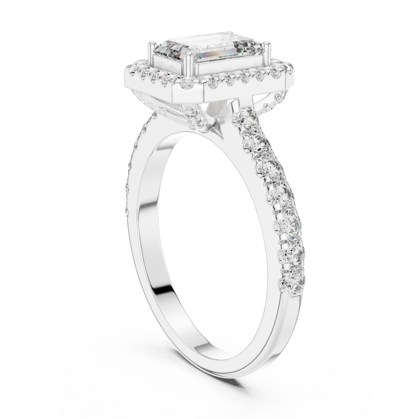 Emerald Cut Lab Grown Diamond Engagement Ring | U-Cut Pavé Halo Style | 10K, 14K, and 18K Gold