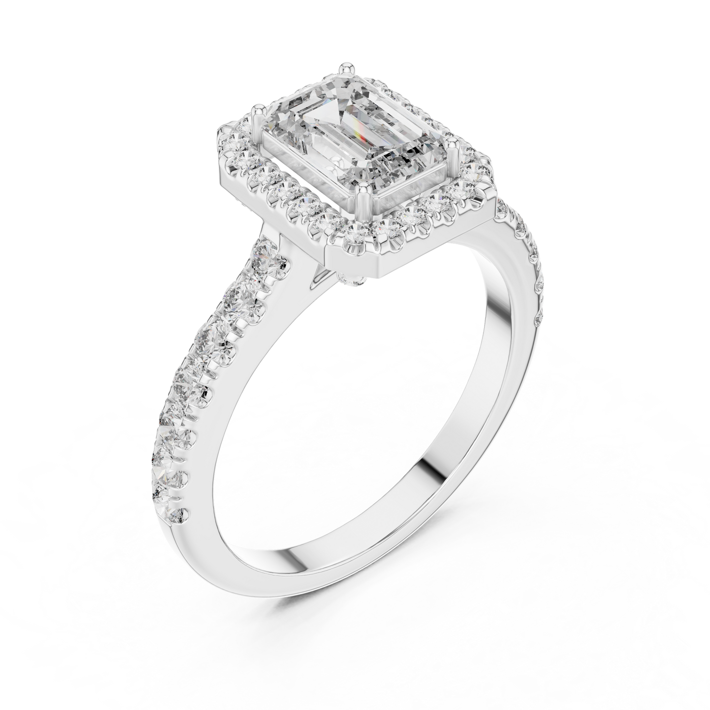 Emerald Cut Lab Grown Diamond Engagement Ring | U-Cut Pavé Halo Style | 10K, 14K, and 18K Gold