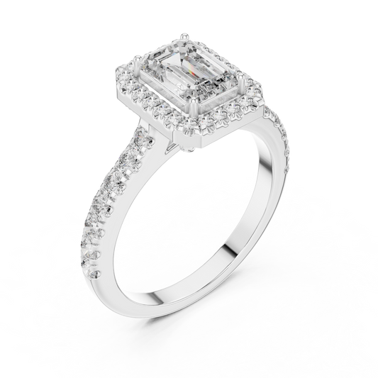 Emerald Cut Lab Grown Diamond Engagement Ring | U-Cut Pavé Halo Style | 10K, 14K, and 18K Gold