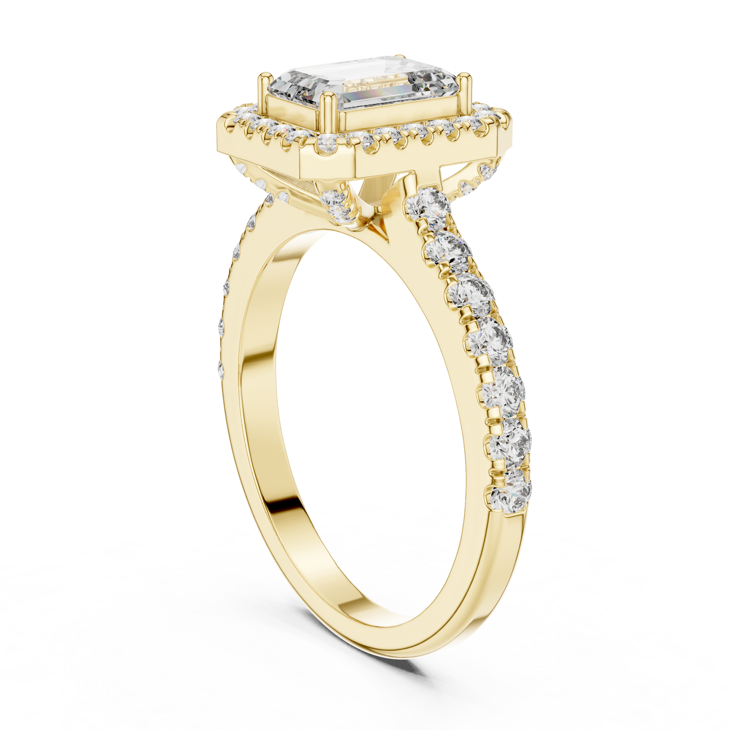 Emerald Cut Lab Grown Diamond Engagement Ring | U-Cut Pavé Halo Style | 10K, 14K, and 18K Gold