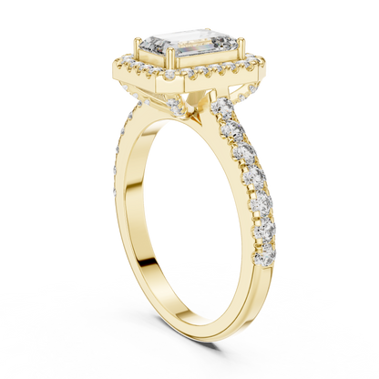 Emerald Cut Lab Grown Diamond Engagement Ring | U-Cut Pavé Halo Style | 10K, 14K, and 18K Gold