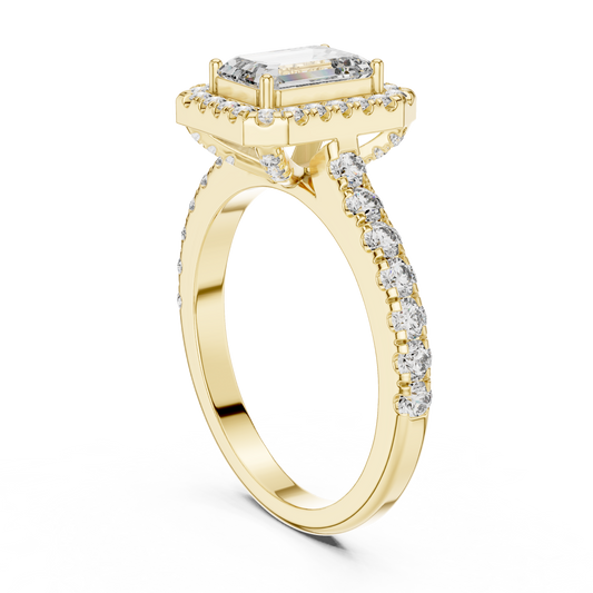 Emerald Cut Lab Grown Diamond Engagement Ring | U-Cut Pavé Halo Style | 10K, 14K, and 18K Gold
