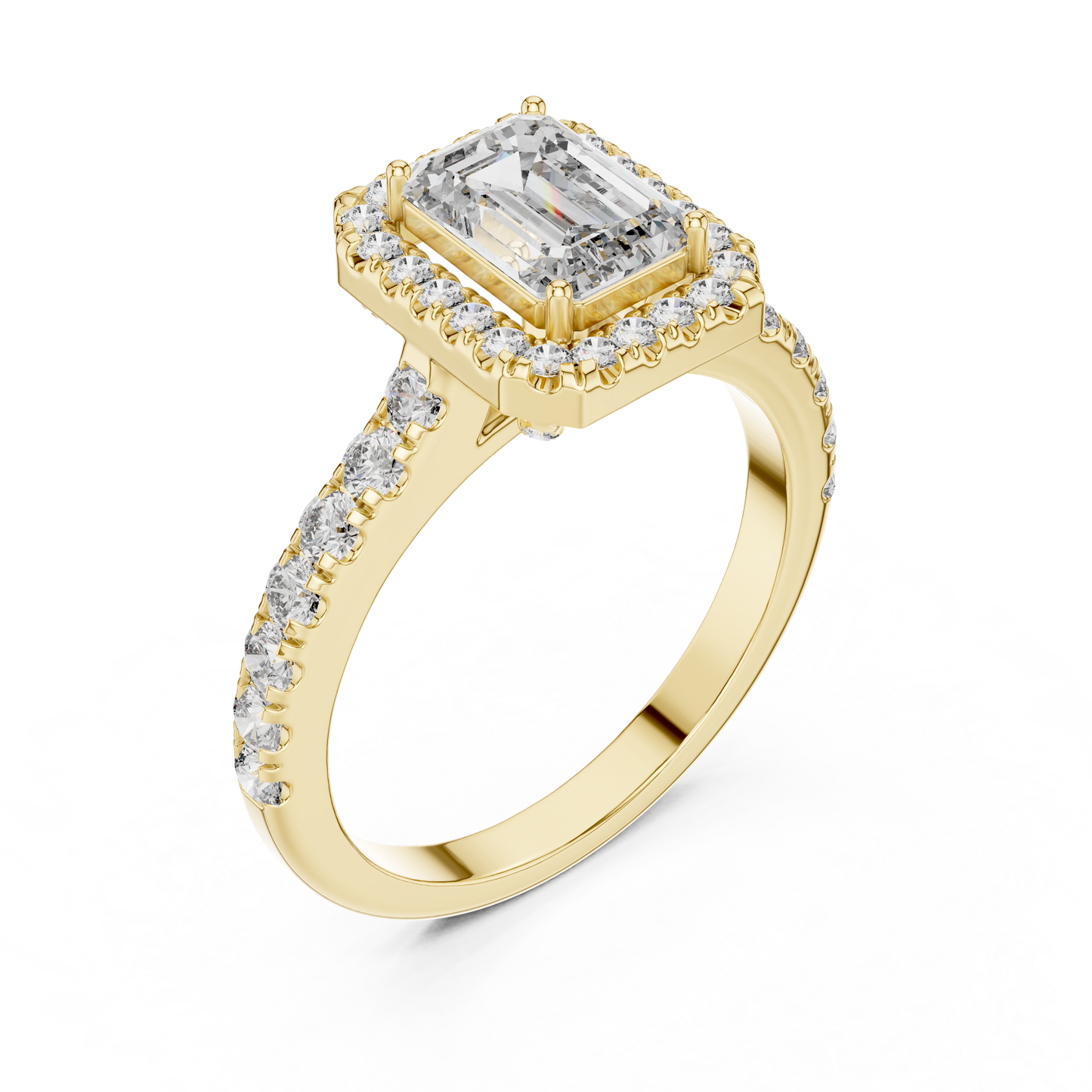 Emerald Cut Lab Grown Diamond Engagement Ring | U-Cut Pavé Halo Style | 10K, 14K, and 18K Gold
