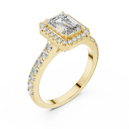 Emerald Cut Lab Grown Diamond Engagement Ring | U-Cut Pavé Halo Style | 10K, 14K, and 18K Gold