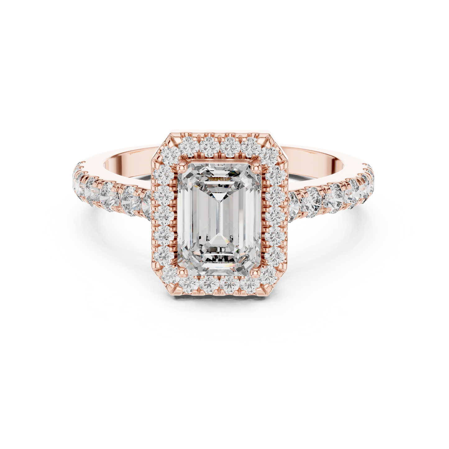 Emerald Cut Lab Grown Diamond Engagement Ring | U-Cut Pavé Halo Style | 10K, 14K, and 18K Gold